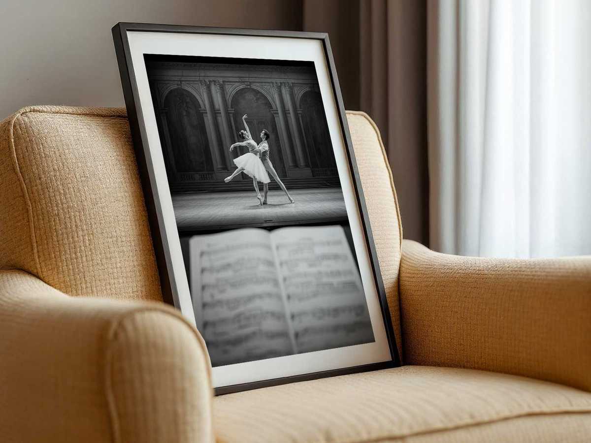 Ballerina stepping through parted curtains into warm stage light, fabric framing the moment of arrival
