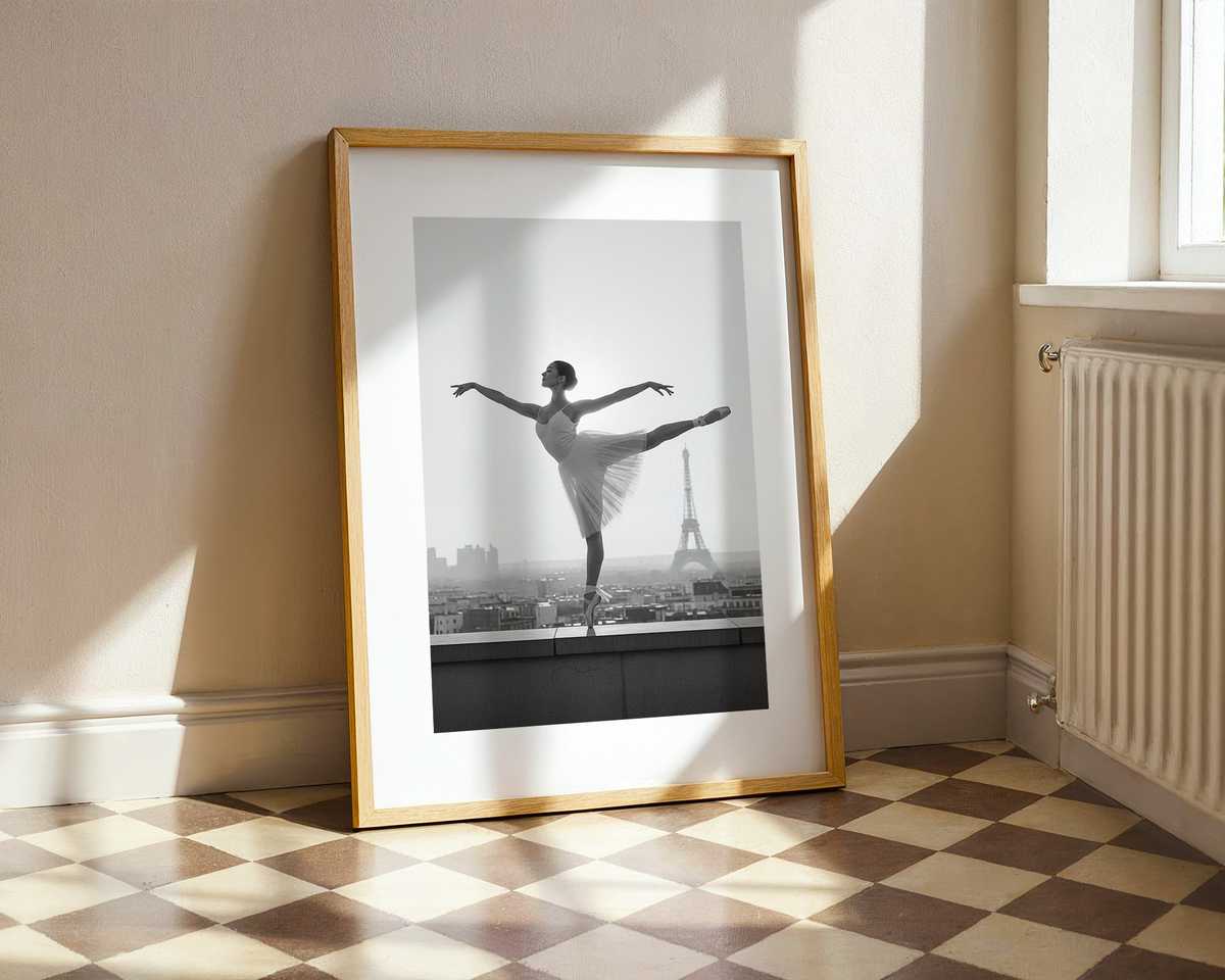 Ballerina poised in a grand entrance hall with ornate molding and a softly worn finish evoking historical depth