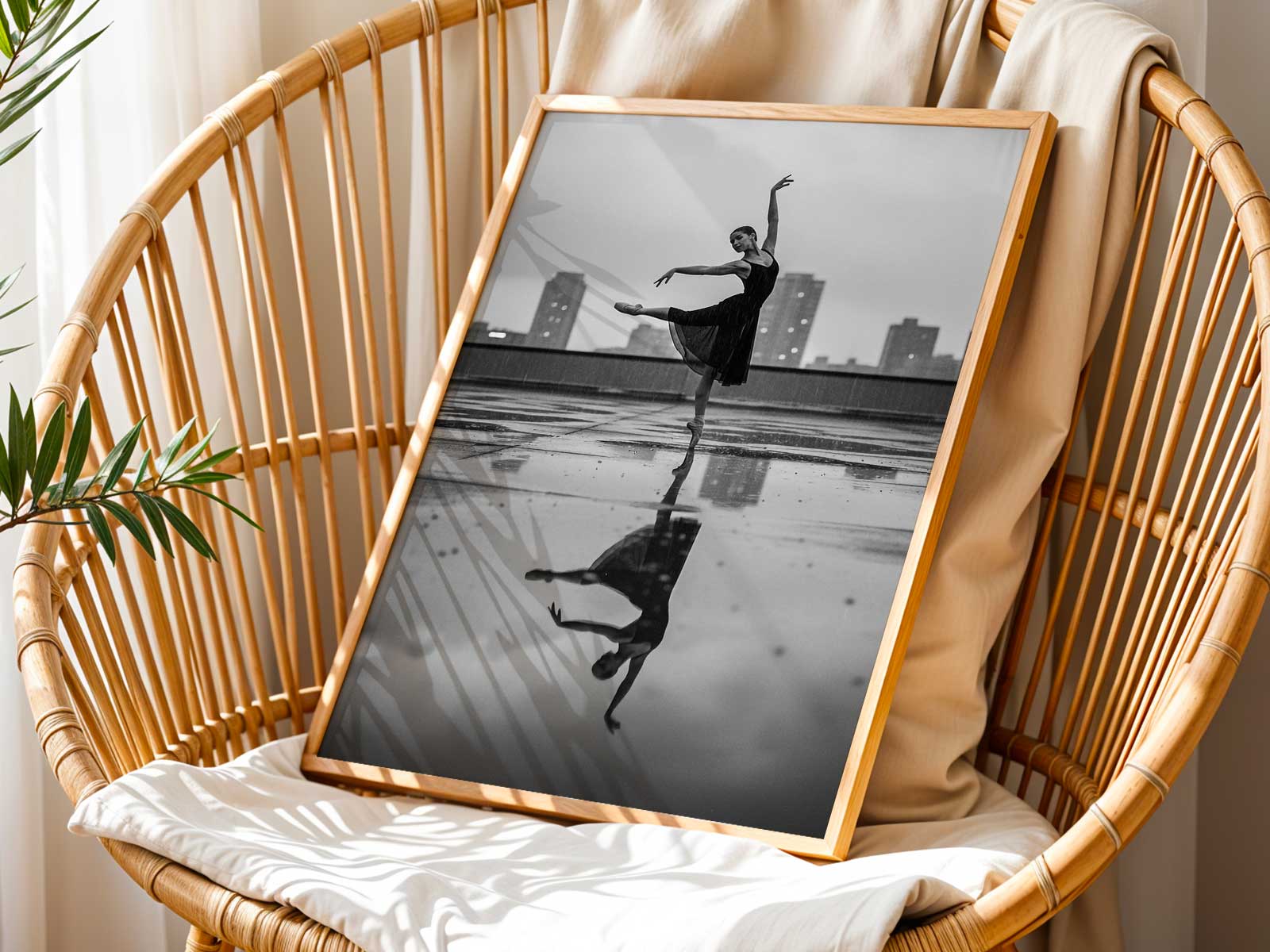 Ballerina standing en pointe on a pedestrian bridge at evening, city lights forming a soft halo behind her