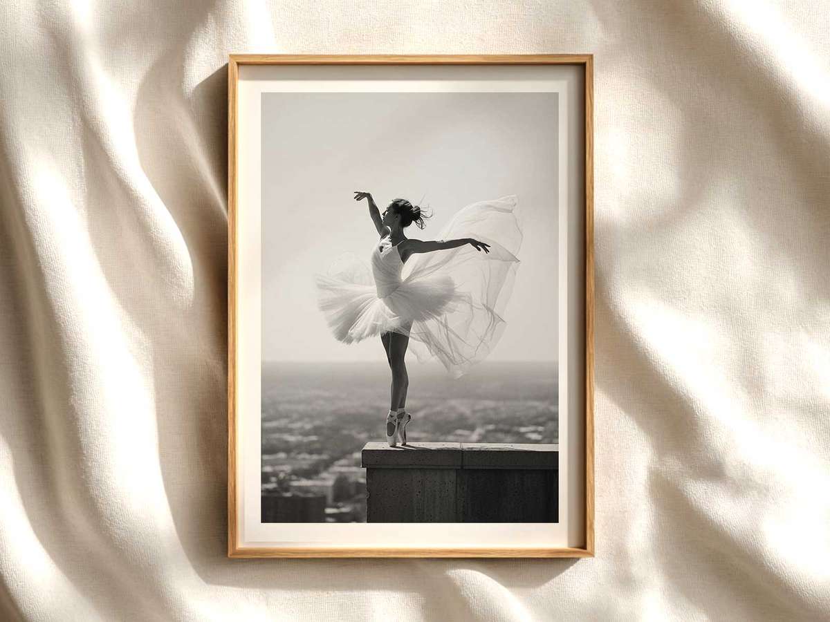 Ballerina on Rooftop Against Night Skyline ballet poster shown as refined dance wall art