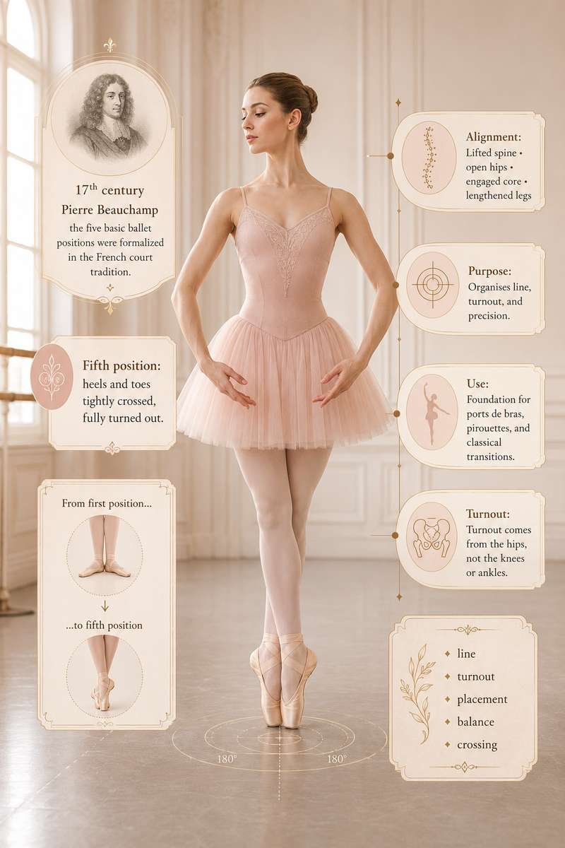 Side profile of a dancer in fifth position demonstrating leg line and straight knee alignment