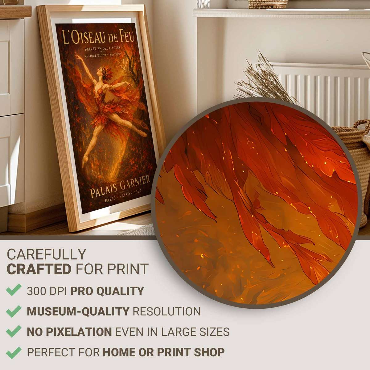 Artistic view of Firebird showing expressive posture and refined dance details for dance studio decor with French text