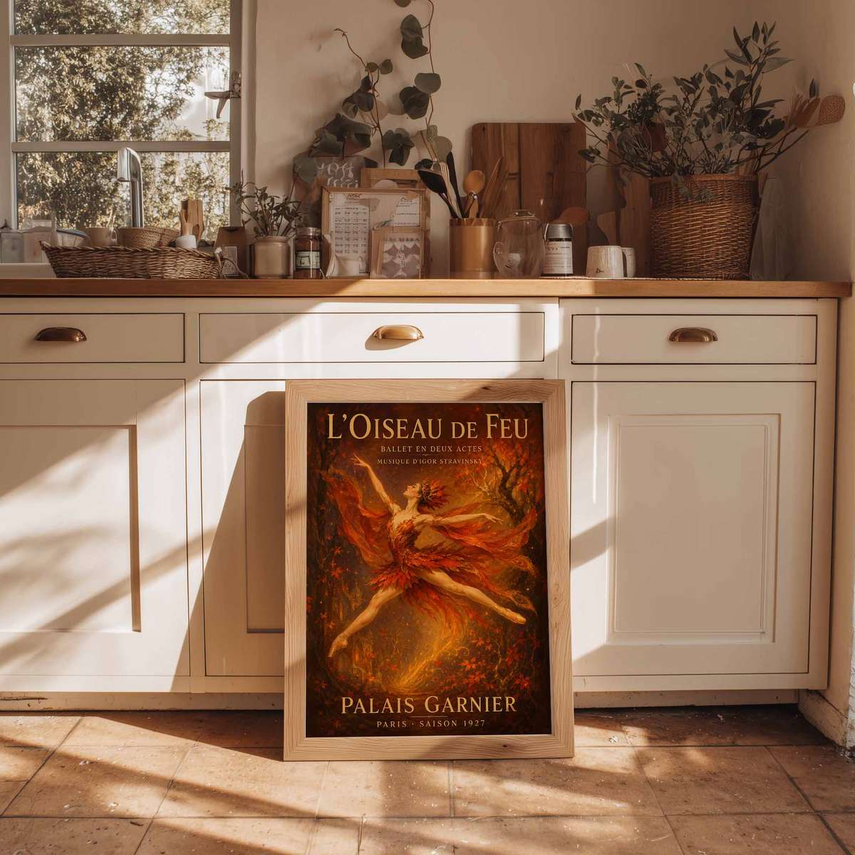 Firebird wall art showcasing rehearsal-inspired details and graceful silhouettes inspired by vintage french text ballet and a poetic visual character with French text