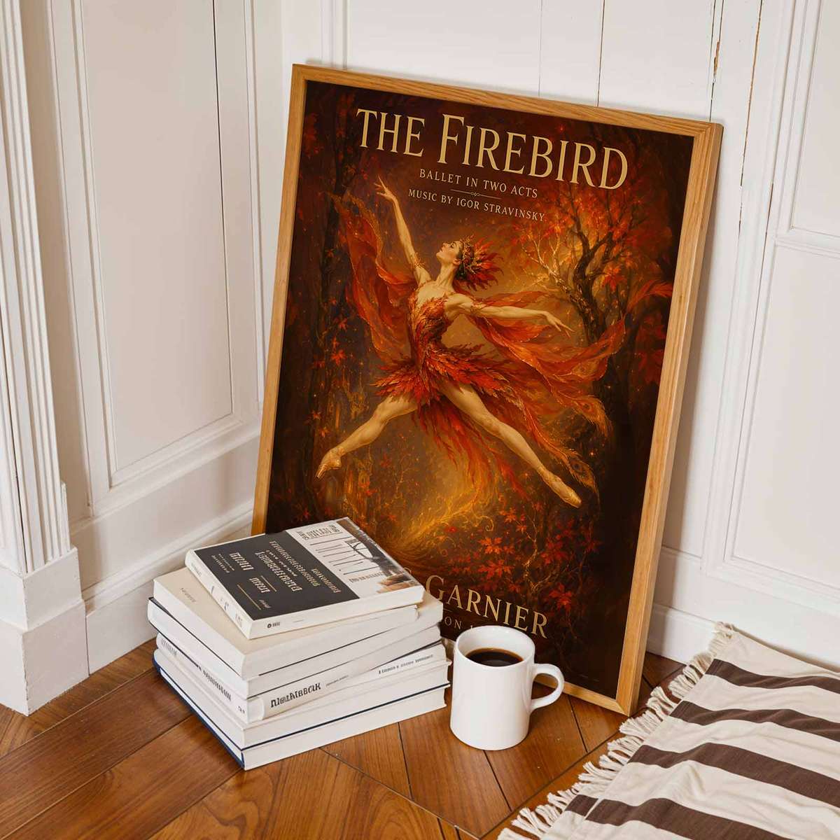 Firebird decorative print featuring elegant lines and a theatrical atmosphere for dancers