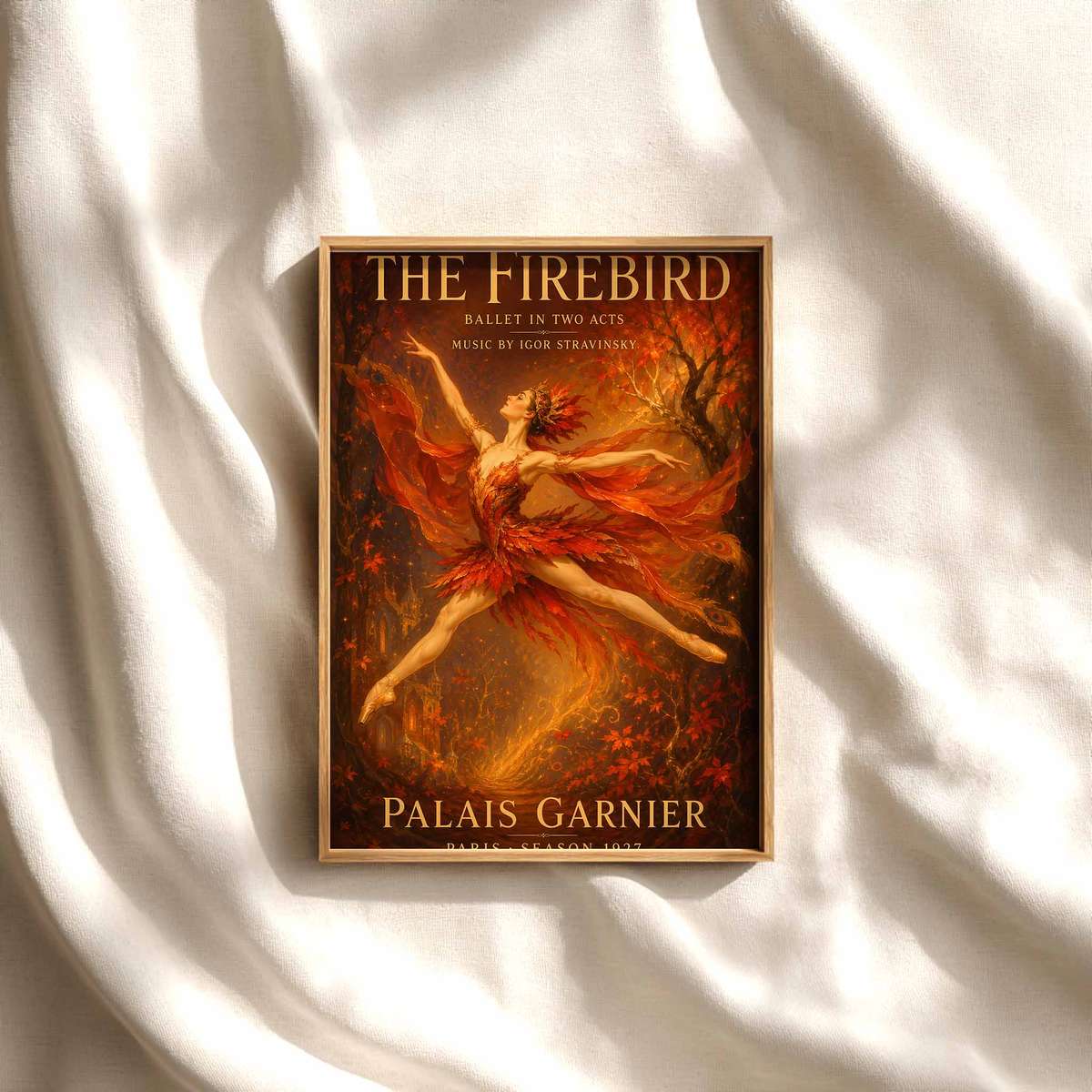 Vintage illustration of Firebird presented through poetic movement with softly balanced composition