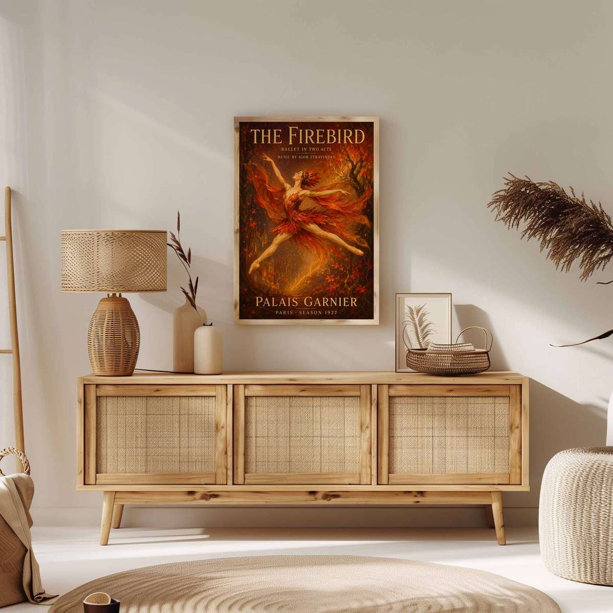 Gallery-style Firebird artwork with vintage details for rehearsal room decor