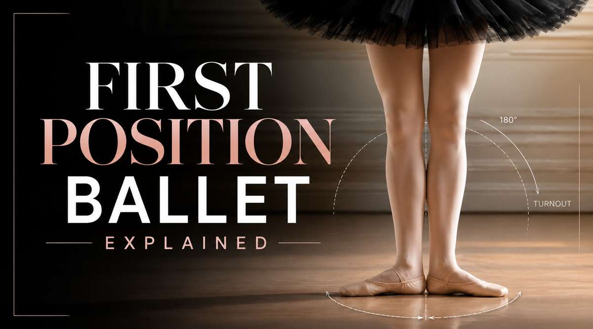 Front view of a dancer standing in first position showing heels together and toes turned outward