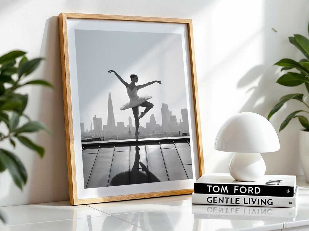 Solo ballet portrait on the foggy Embankment, warm sepia tones and gentle paper texture conveying enduring mood