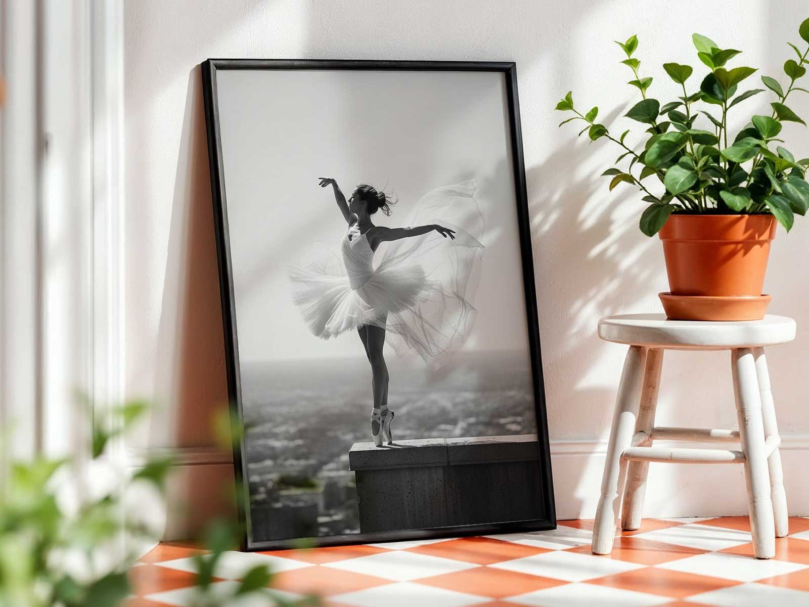 Ballerina folded into a compact pose that concentrates tension and suggests withheld momentum within a clean frame
