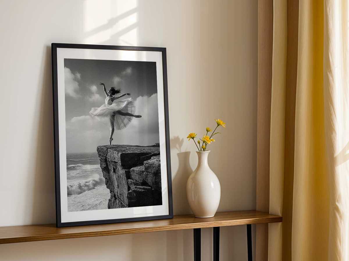 Portrait of a ballerina gazing toward an empty horizon above a sheer drop, the composition emphasizing air and…