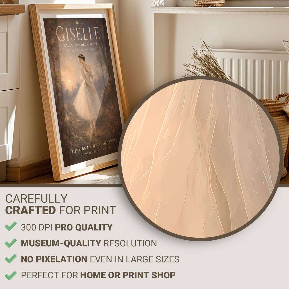 Elegant Giselle wall art featuring fluid motion and an intimate performance mood with French text