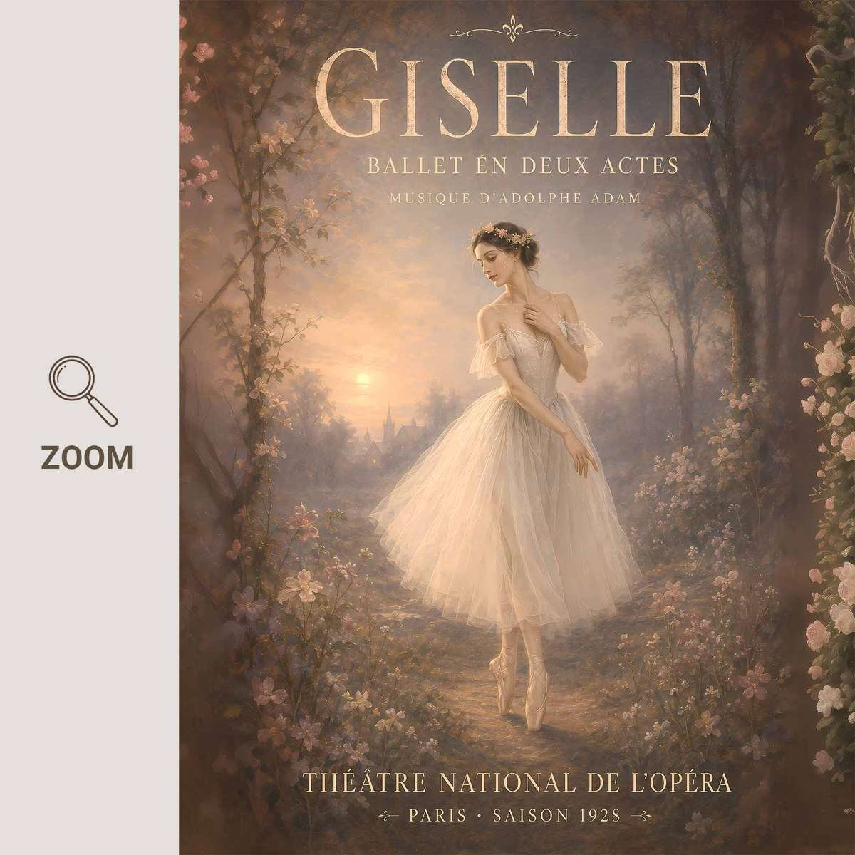 Romantic wall art of Giselle created for dance studio decor with French text