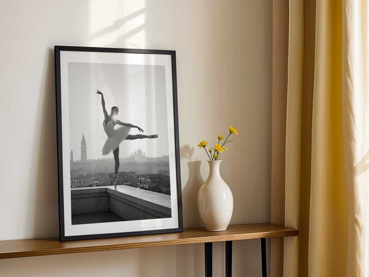 Three-quarter view of a ballerina framed by a gondola backdrop and classical Venetian architecture, textured like a printed…