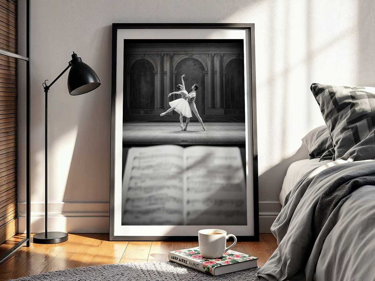 Close study of a dancer’s extended leg and arm under dramatic stage light, lines of the body forming elegant geometry