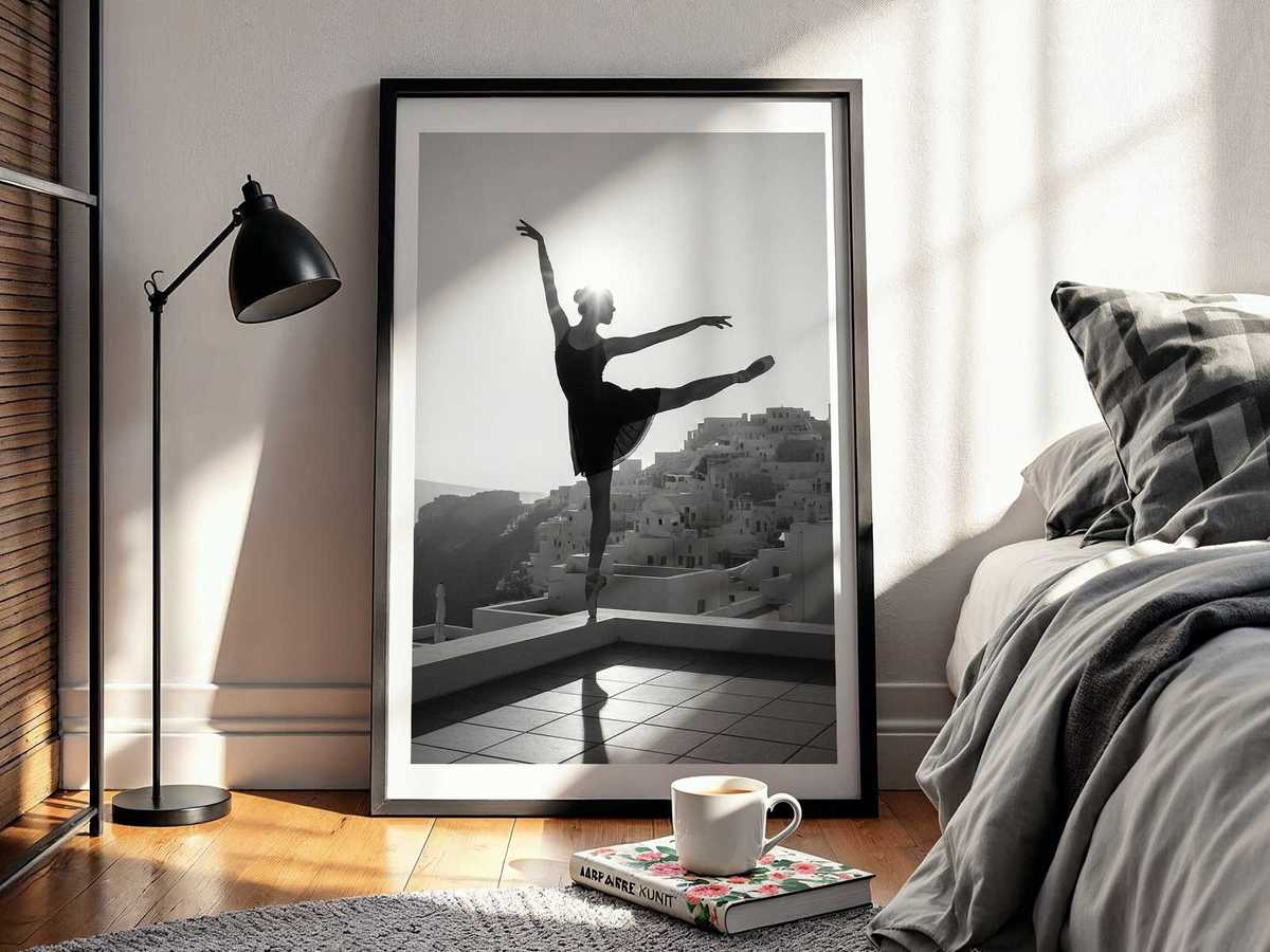 Portrait of a ballerina seated on marble stairs with soft grain texture and a classical compositional style