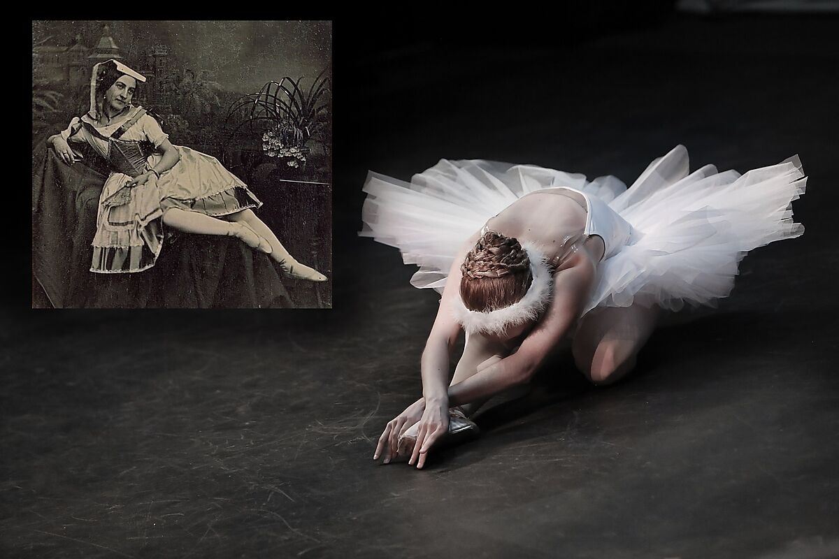 Portrait of Marie Taglioni in costume as the Sylph from La Sylphide, seated with ethereal expression