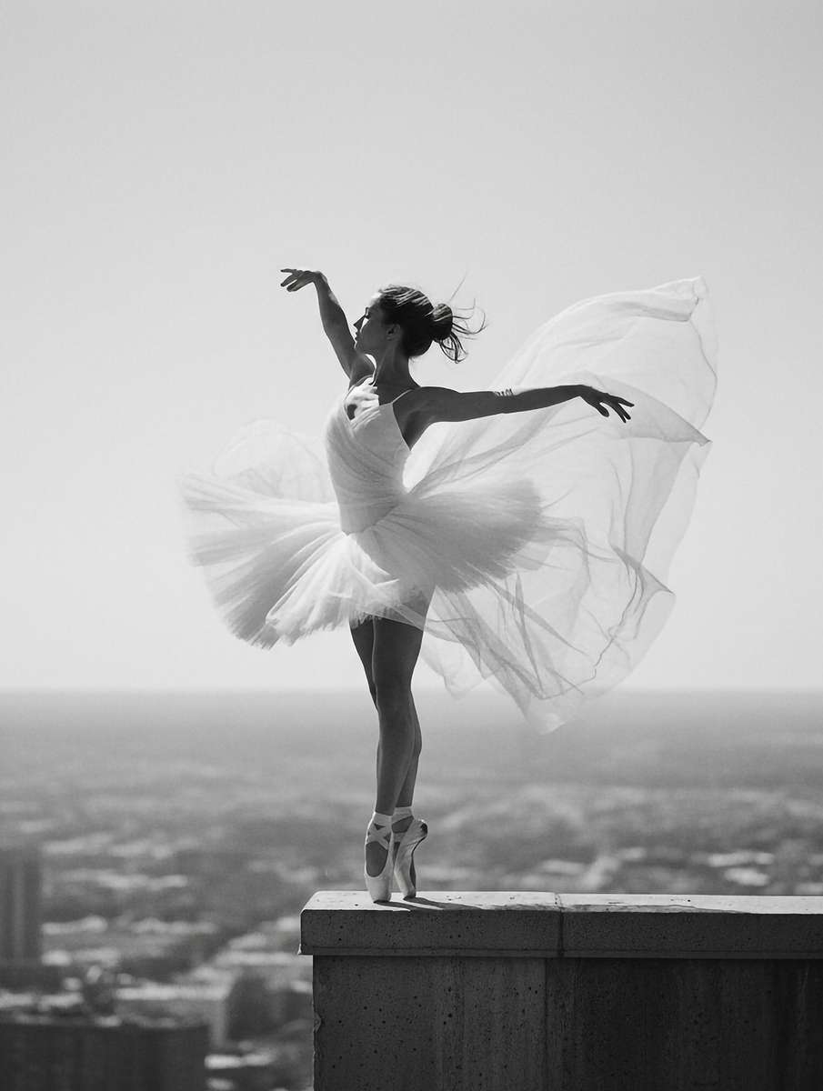 Dancer on pointe with a halo of stage light around her, the motion held so fabric and hair float midair