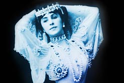 Studio portrait of Mathilde Kschessinska in full stage makeup and coiffure, facing slightly left
