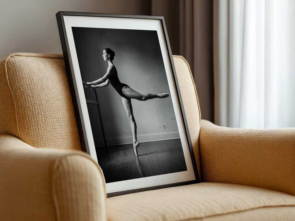 Wide minimalist studio composition with a single dancer, empty space and simple lines emphasizing balance and serenity