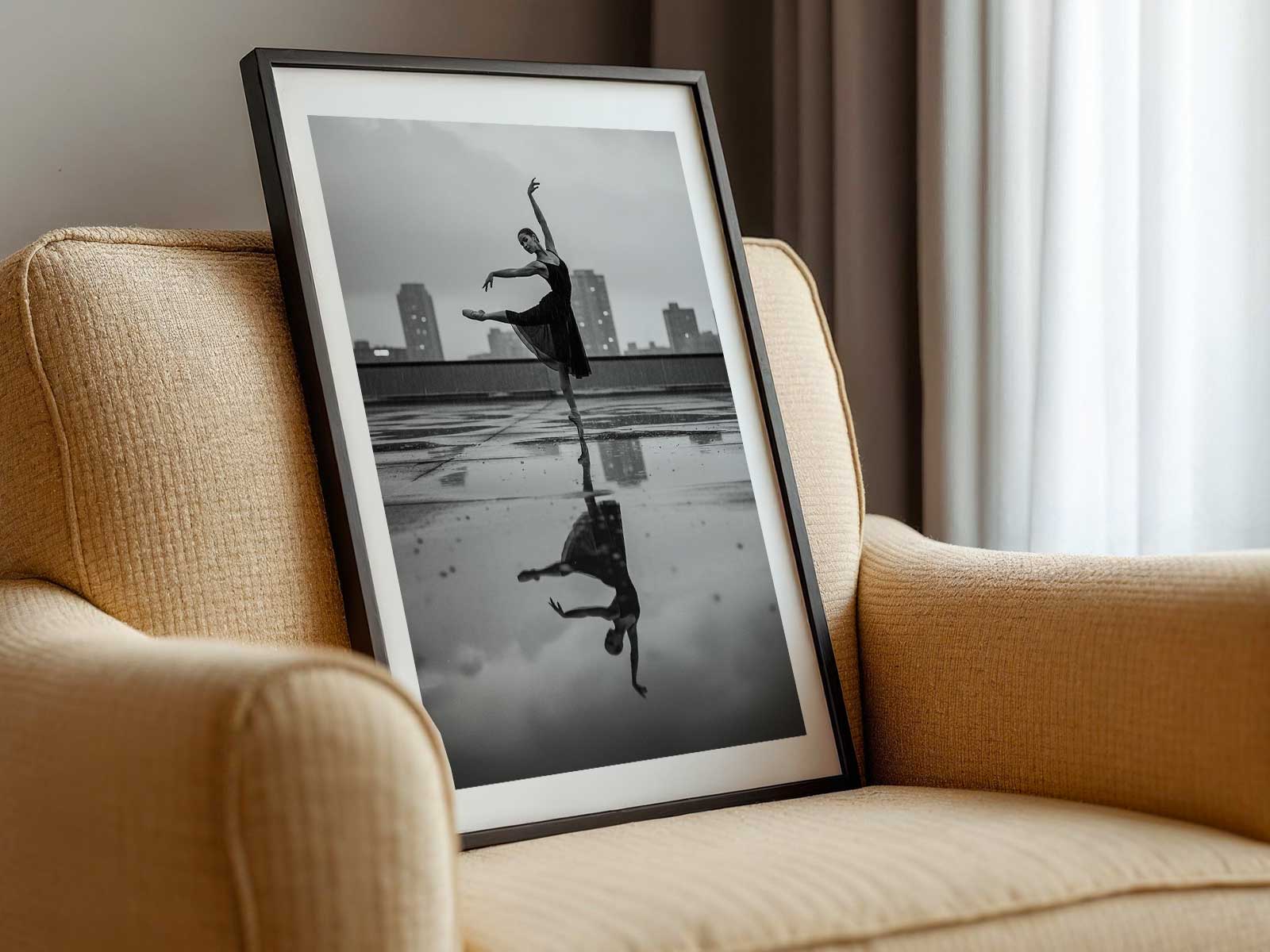 Minimalist poster of a ballerina against a broad, empty urban facade, emphasizing shape, line, and poised head