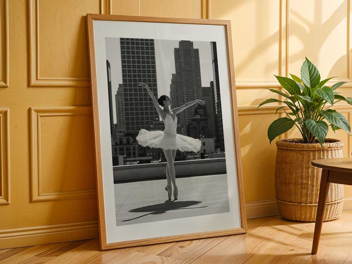 Minimalist composition of a ballerina in a white tutu with clean lines, emphasizing posture and simplified form