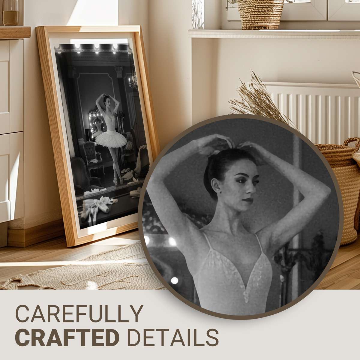 Ballerina in a deep plié facing a tall mirror, her reflection aligning with her body to create doubled lines