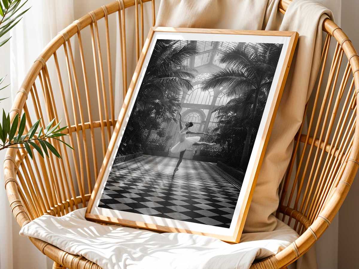 Monochrome framed image highlighting pointe shoes and leg line in strong contrast against a neutral background