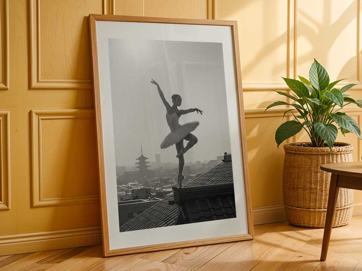Solo dancer framed by neon arcade signs and their reflections on glass, the vibrant colors contrasted with a serene…