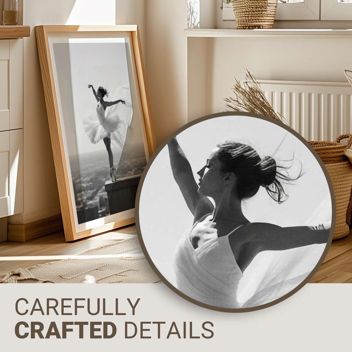 Ballerina in a suspended arabesque captured in profile with soft backlight highlighting the line of her leg and arm