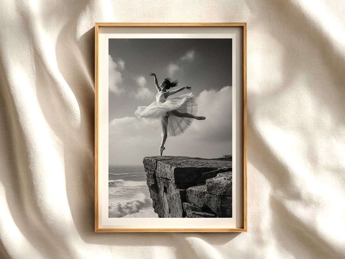 Ballerina standing on the edge of a cliff at dusk, silhouette framed by a vast sky and subtle wind in her skirt