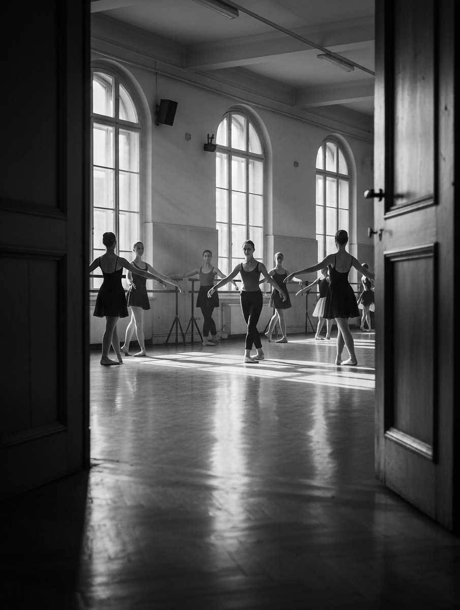 Solo dancer in a poised arabesque beside a tall studio window, the pose frozen with calm intensity
