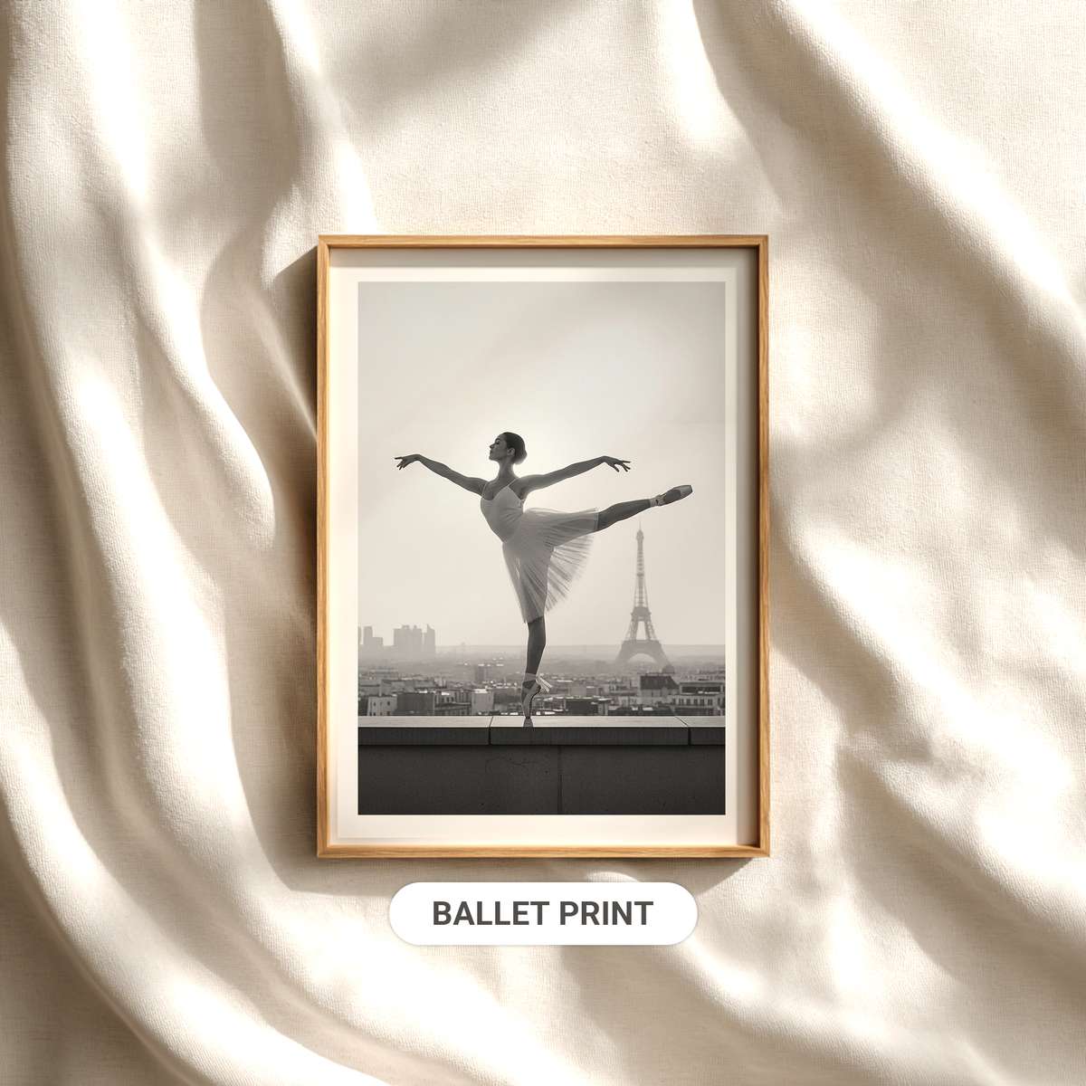 Ballerina posed by an arched stone window with soft vintage tones and distant Parisian rooftops