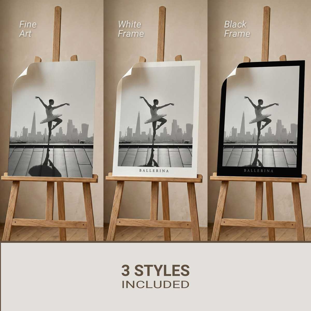 Ballerina posed on a wrought-iron balcony overlooking a misty London street, soft vintage tones and textured print effect