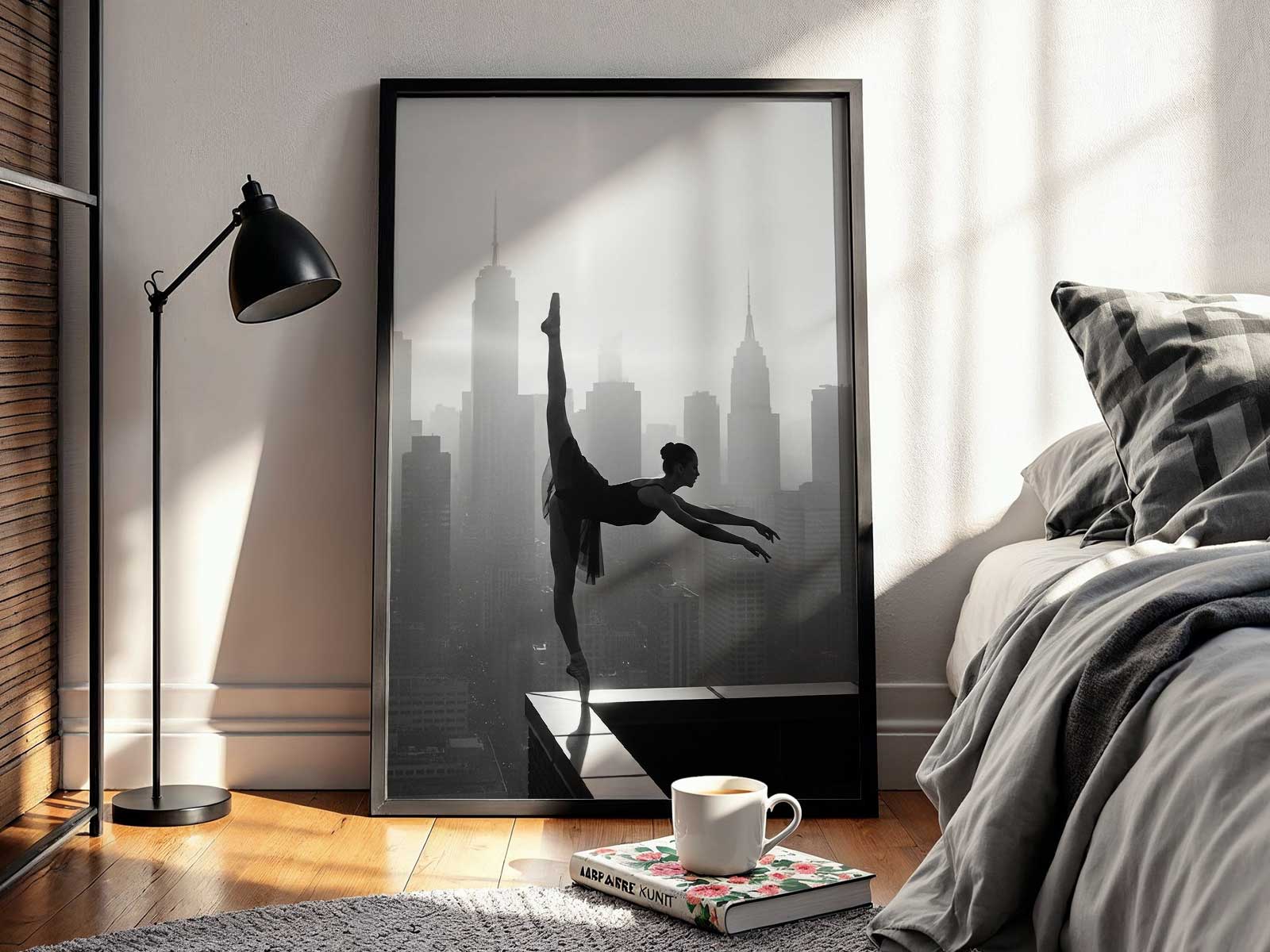 Ballerina standing center frame with poised shoulders and calm expression, her posture dominating the composition while the…