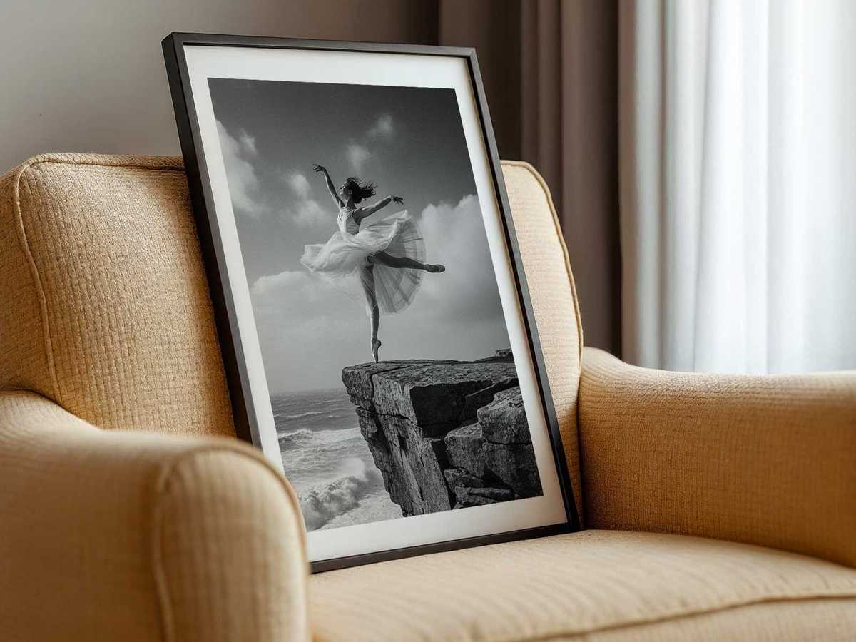 A ballerina posed on a narrow stone outcrop against a panoramic cliff landscape, calm expression and poised arabesque