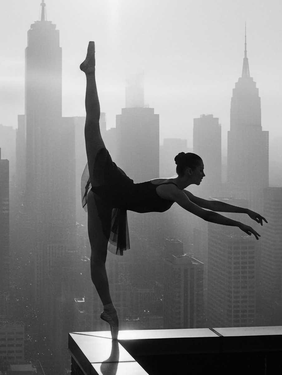 Ballerina standing center frame with poised shoulders and calm expression, her posture dominating the composition while the…
