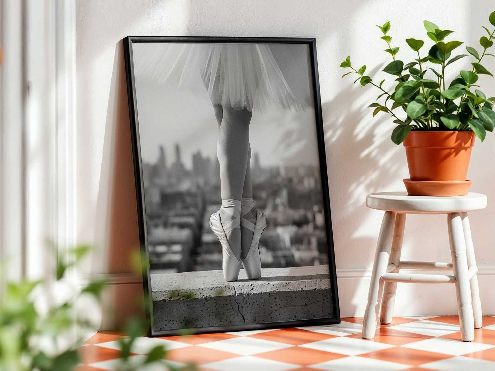 Ballerina in an arabesque pose captured center-frame to convey quiet poetry and elegant balance