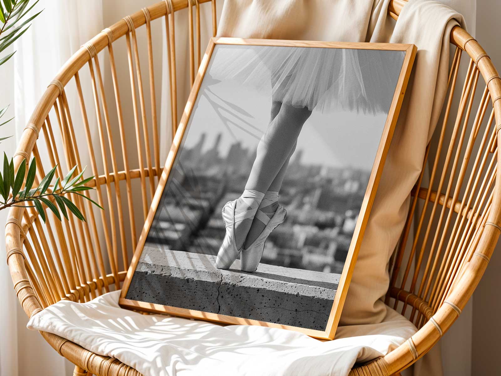 Black-and-white photograph of a single ballerina on an empty stage, framed to emphasize isolation and cinematic stillness