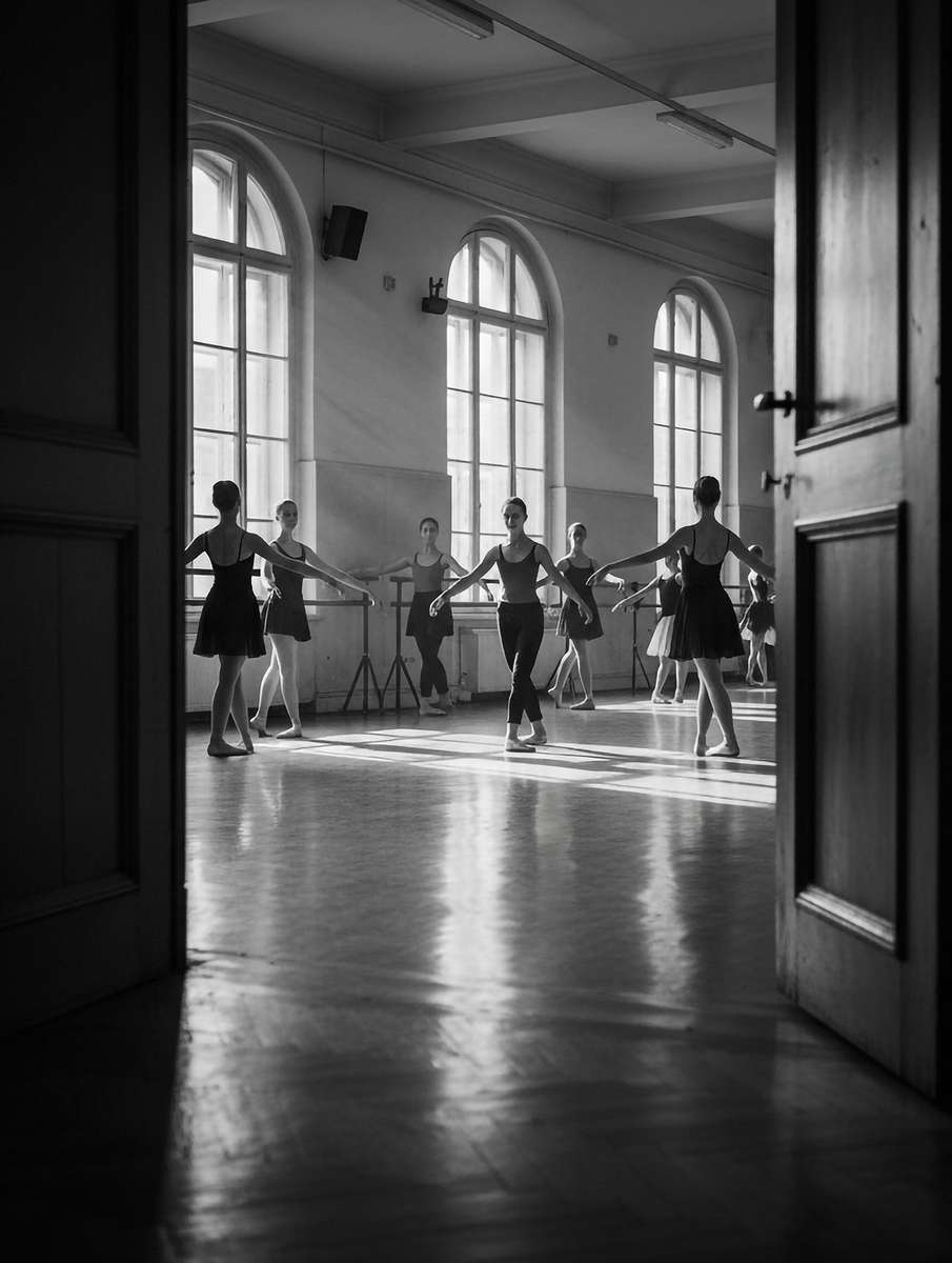 Ballet dancer in a deep plié with blurred studio background suggesting repetition and memory
