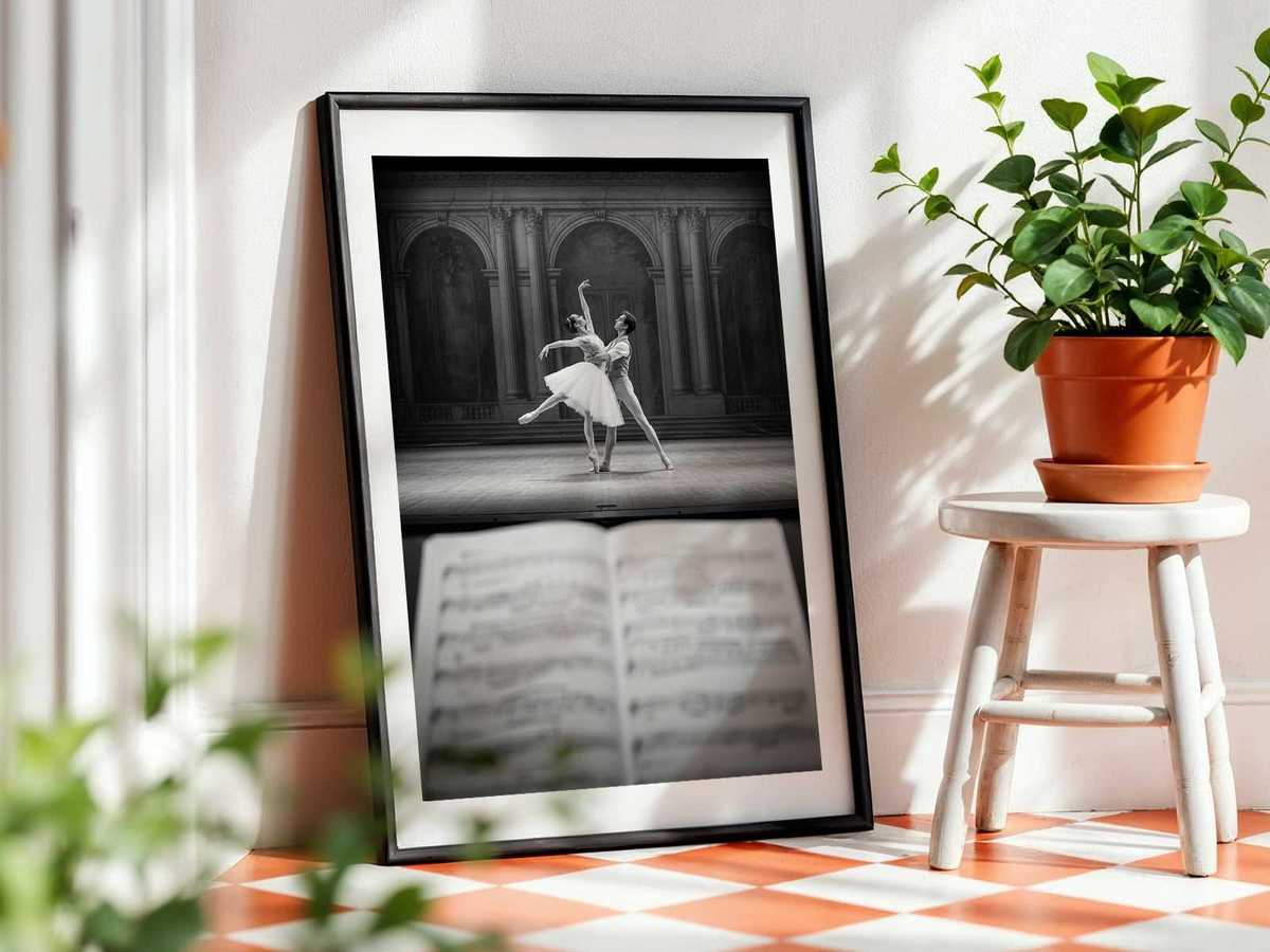 Dancer framed by rim lighting at stage edge, creating a luminous outline and emphasizing movement into darkness