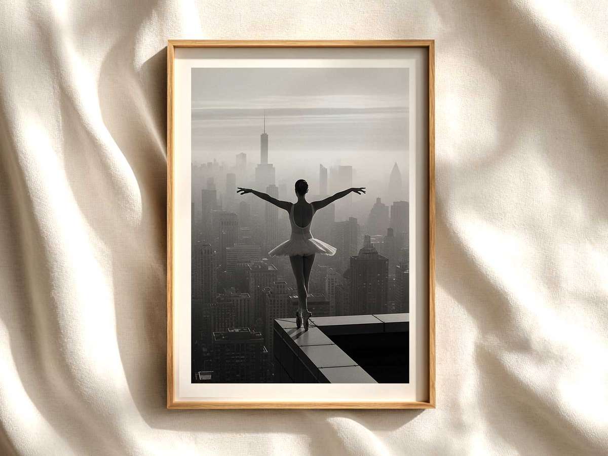 Silhouette of a lone ballerina standing en pointe against a soft neutral background conveying calm and focus