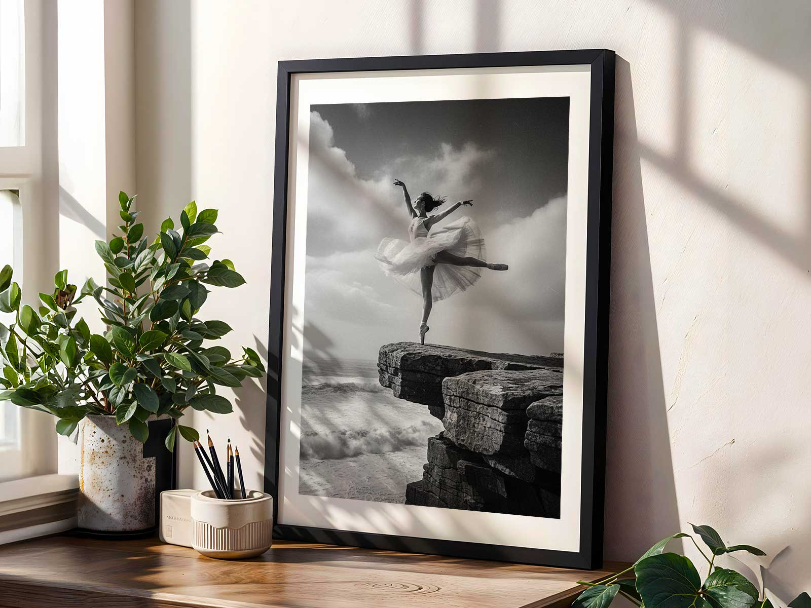 Ballet dancer in an adagio pose beside a tide pool, reflected light and textured rock framing the figure