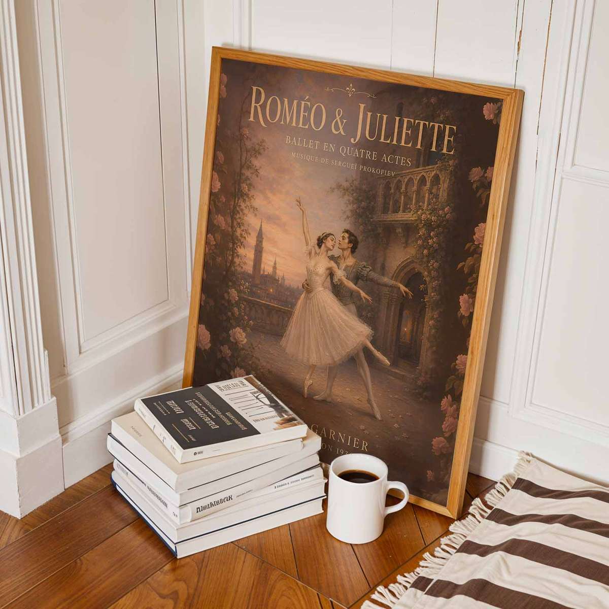 Elegant Romeo Juliet painting featuring elegant lines and a theatrical atmosphere inspired by vintage french text ballet art with French text