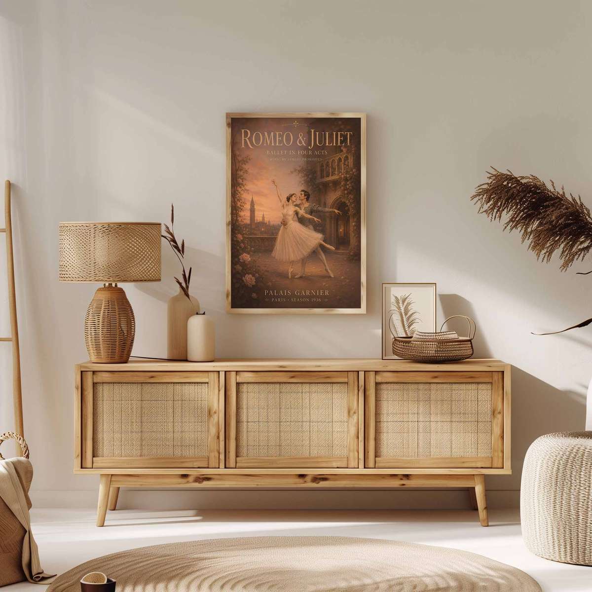 Romeo Juliet composition styled as wall art and featuring graceful movement and stage-inspired details inspired by vintage romantic ballet