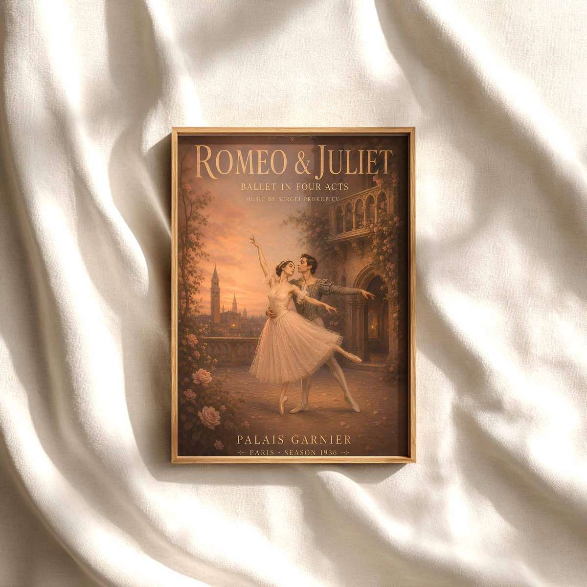 Vintage Romeo Juliet wall art featuring classical stage character and delicate visual rhythm