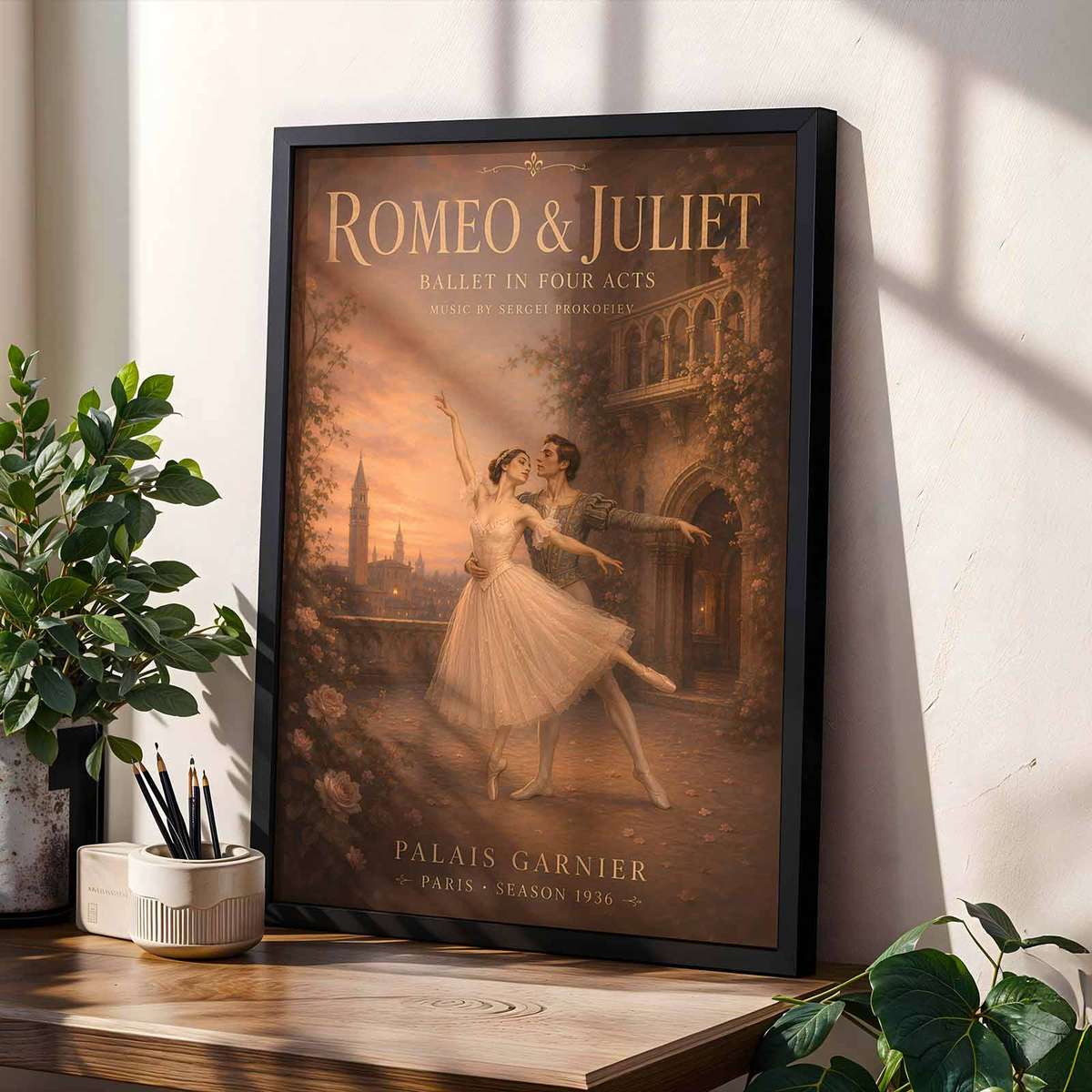 Romeo Juliet wall art combining rehearsal-inspired details and graceful silhouettes in a expressive composition
