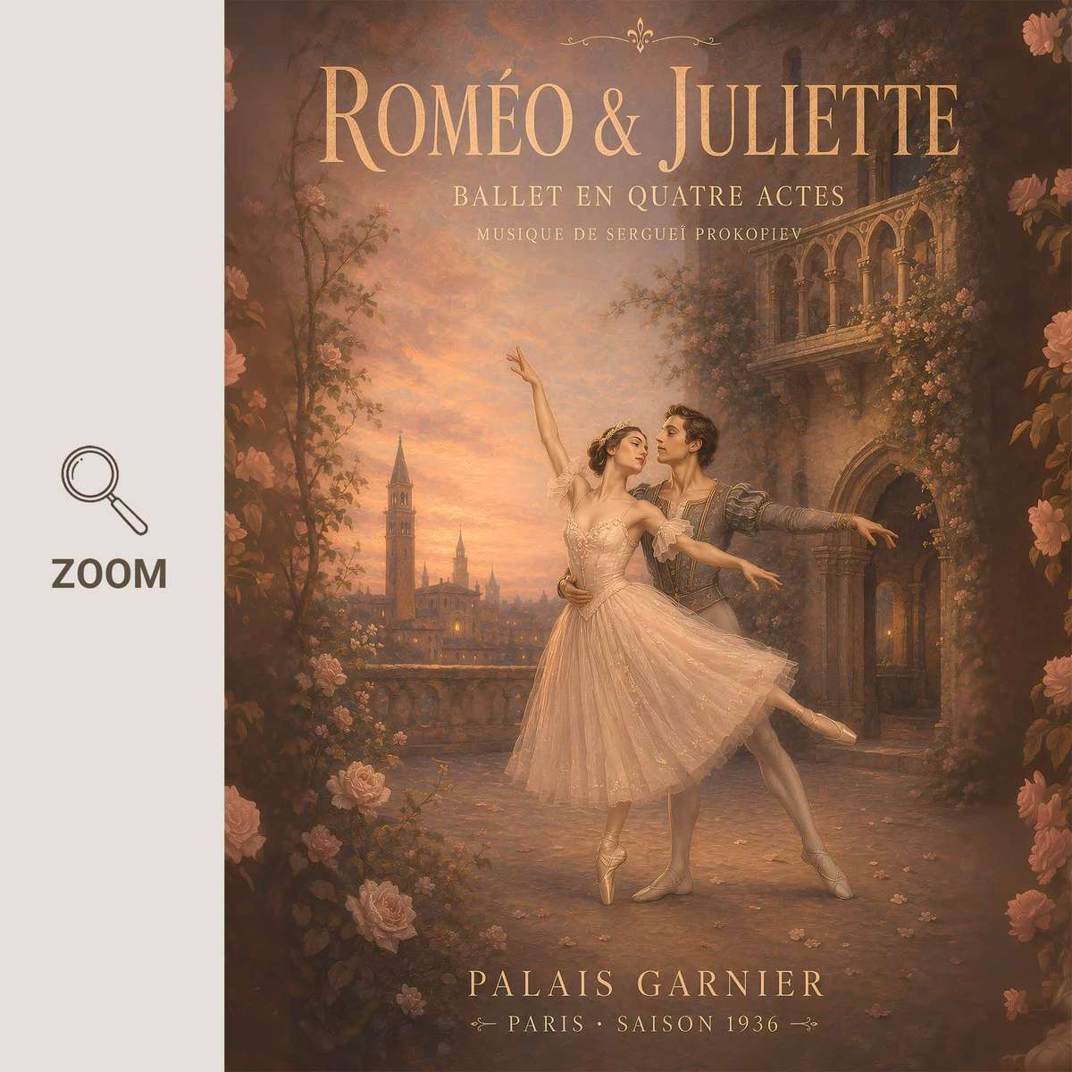 Romantic Romeo Juliet painting featuring expressive posture and refined dance details inspired by vintage french text ballet art with French text
