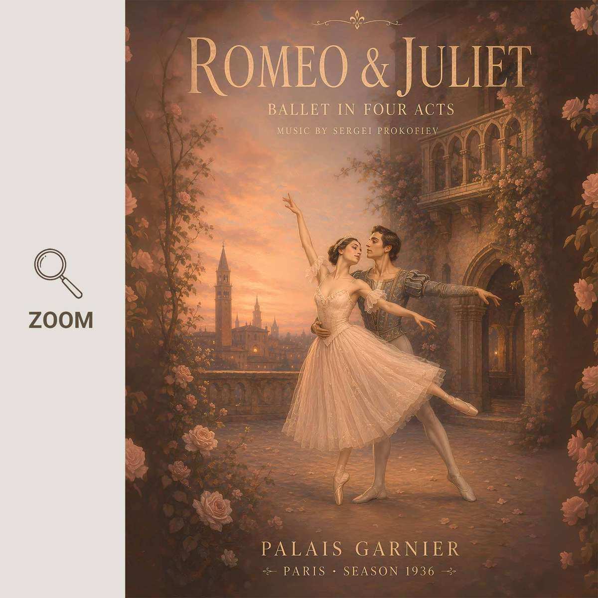 Vintage Romeo Juliet wall art featuring rehearsal-inspired details and graceful silhouettes inspired by vintage romantic ballet