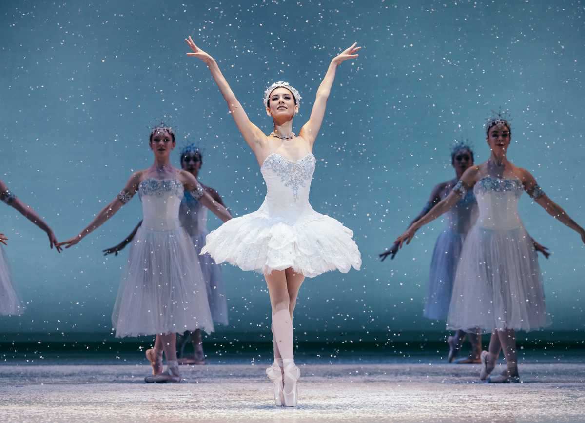 Company corps de ballet in classical tutus performing on a grand stage at San Francisco Ballet