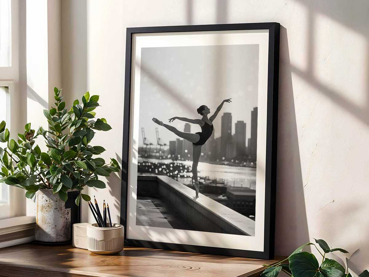 Sepia-toned scene of a dancer walking along a dockside path, antique tones and softened focus giving the image a heritage…